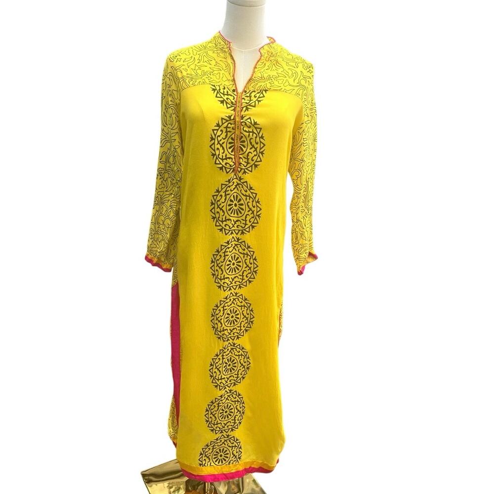 Cotton Caftan Kimono Dress Yellow Pink Trim Sz M